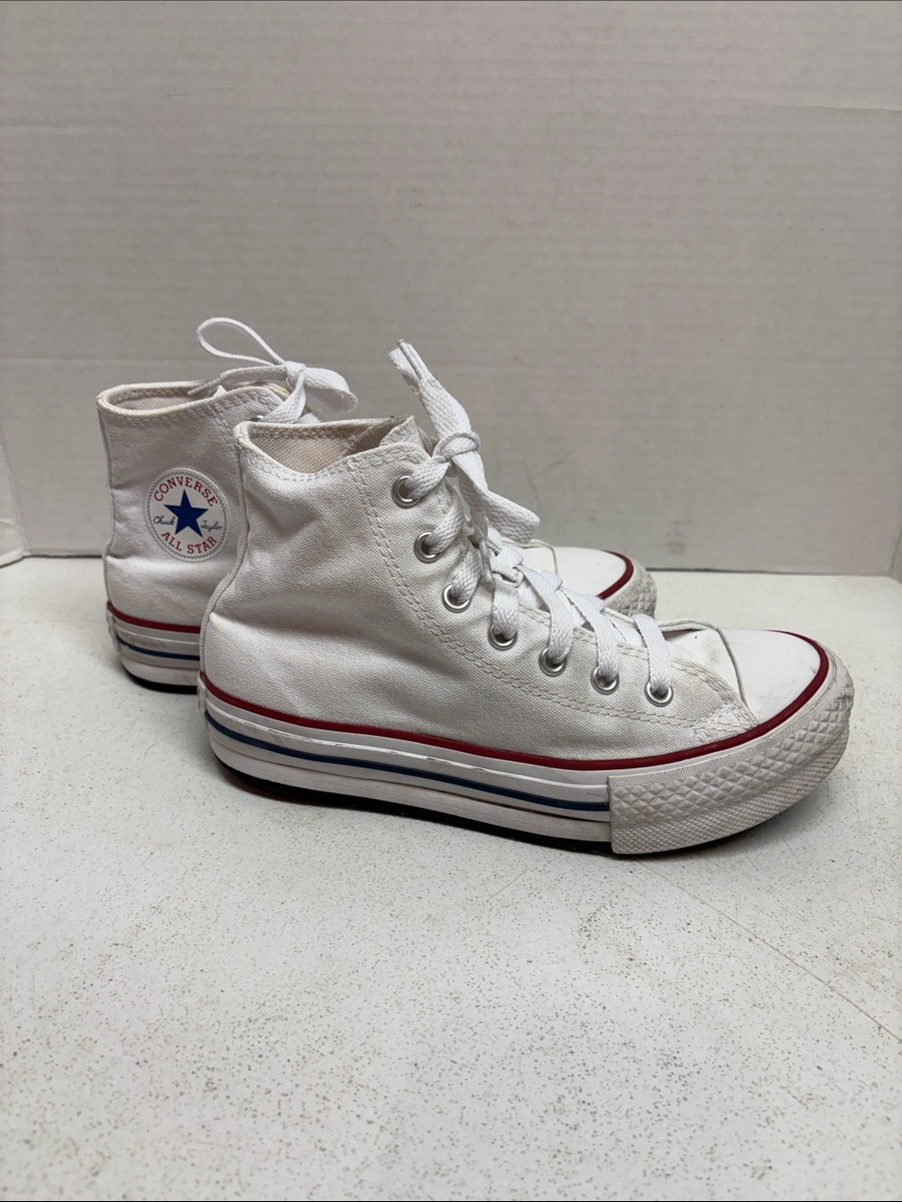 Converse White High Top Sneakers with Red and Blue Stripes